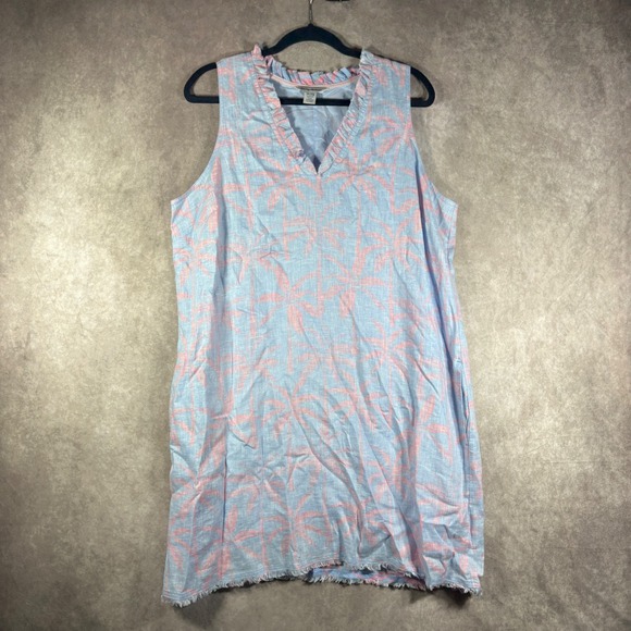 Tommy Bahama Dresses & Skirts - Tommy Bahama Dress Womens XL Blue Pink Palm Tree Linen Shift Ruffle Neck Resort